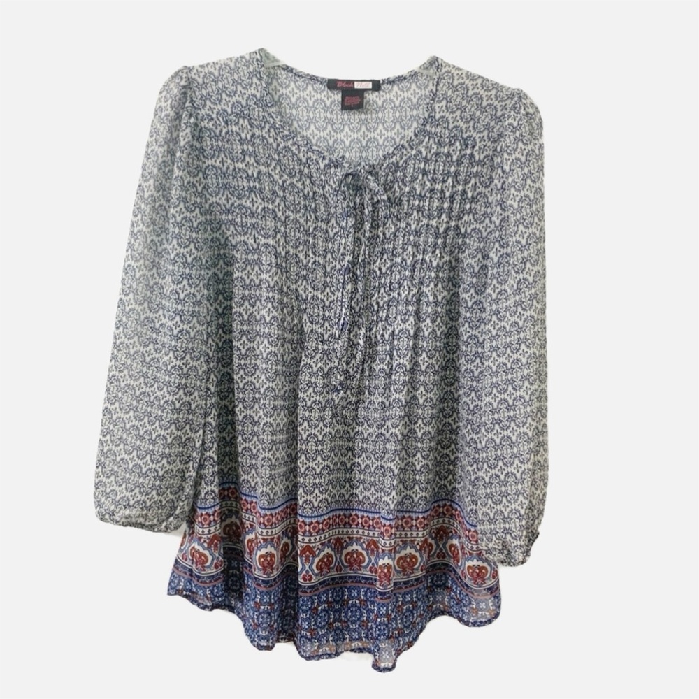 Black Note Sheer Boho Print Pheasant Long Sleeve  Tunic Blouse Rounded Neck Tie